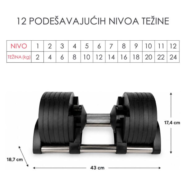 Čelične podesive bučice EASY 2–24kg – profesionalni multifunkcionalni tegovi sa sigurnosnim zaključavanjem