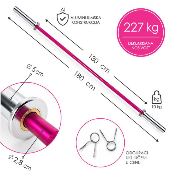 Aluminijumska šipka za tegove 10kg 180cm Pink – lagana olimpijska trening šipka za žene i početnike